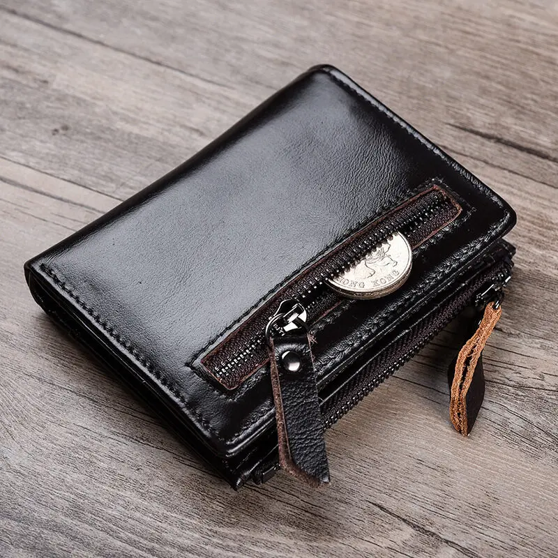 NEW Cowhide Oil Wax Leather Mens Wallets Rfid Retro Casual Double Zipper Short Slim ID Credit Card Holder Wallet