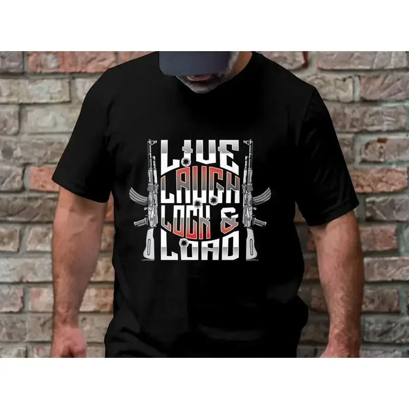 Live Laugh Lock and Load T Shirt Gun Design Military Humor Casual Wear Men's Clothing Women's Apparel