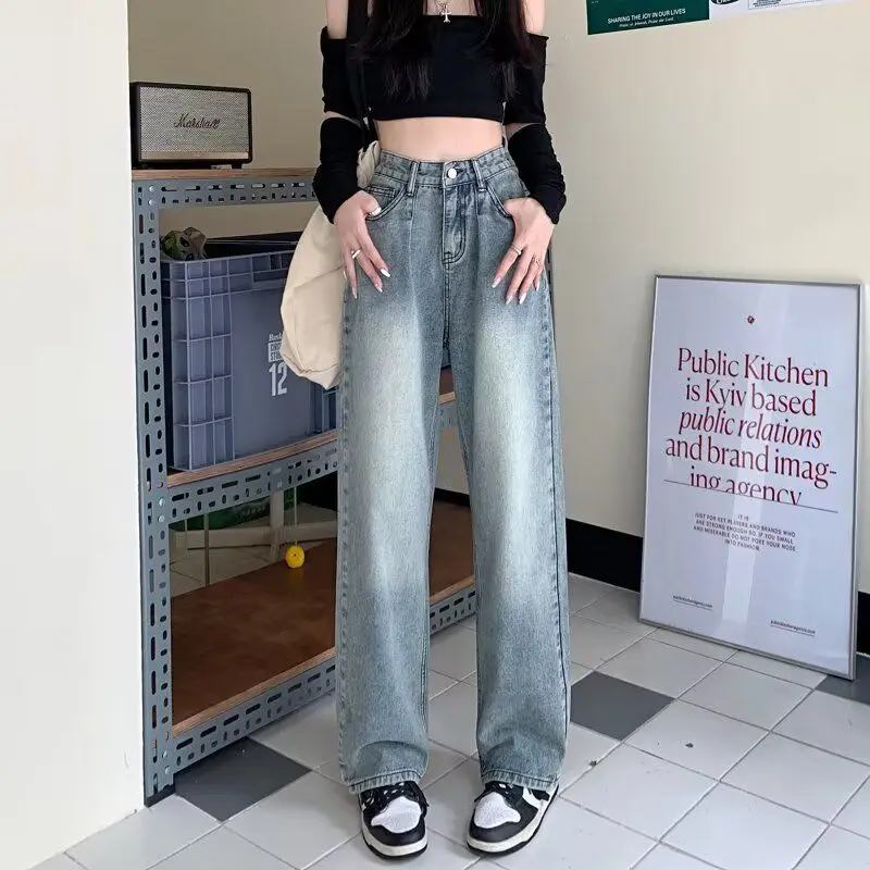 

High Waist Wide Leg Jeans Retro Loose Spring Autumn Nine Points Denim Jeans Slimming Effect Casual Cotton Polyester Blend