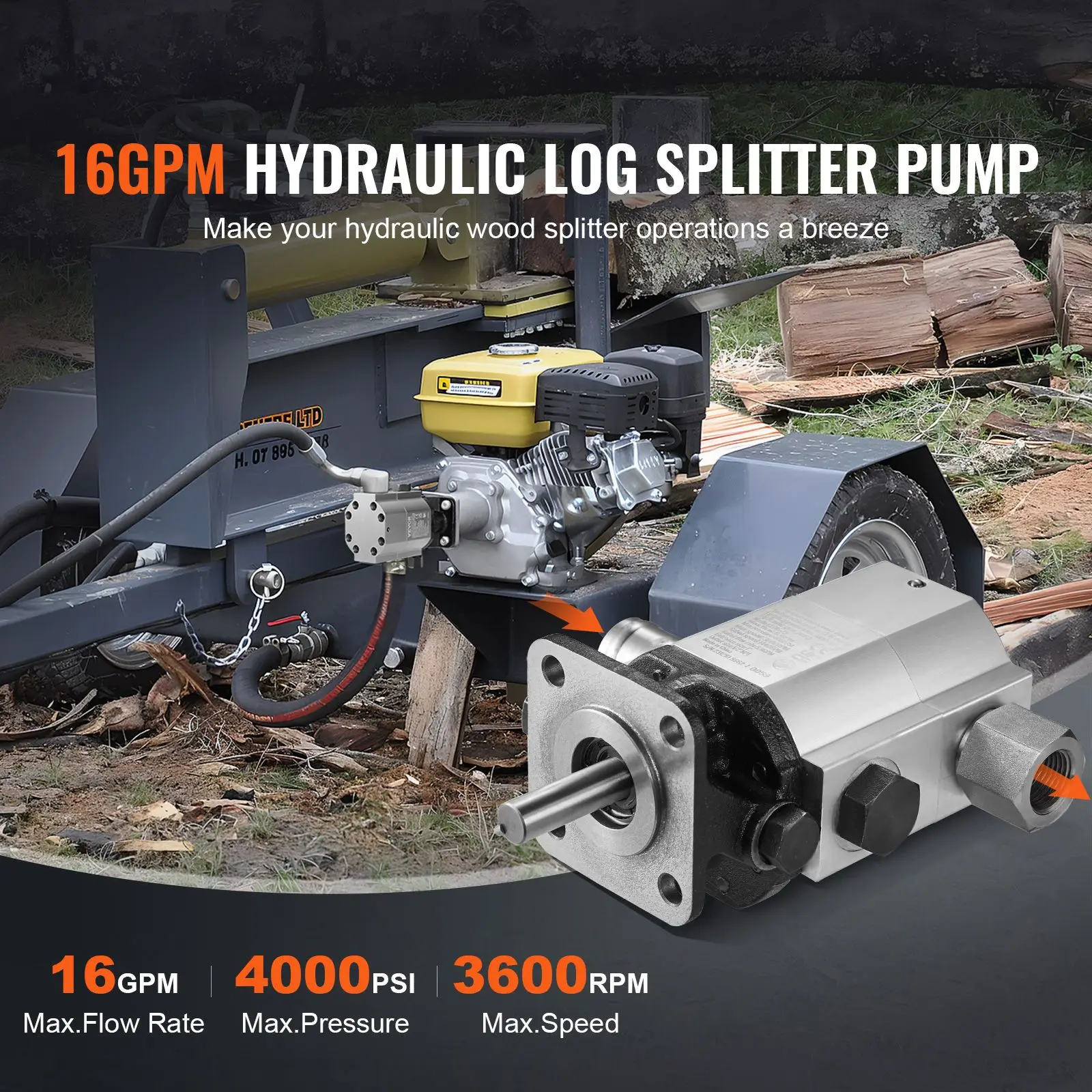 Hydraulic Pump 16 GPM Motor 2 Stage Log Splitter Wood Built Parts