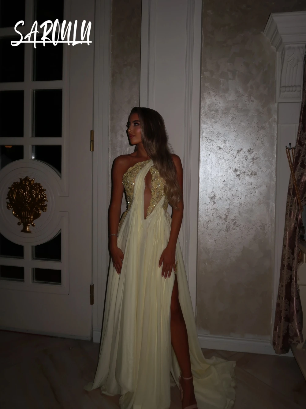 

Yellow Chiffon A Line Evening Dress With Side Slit Sexy Cut Out One Shoulder Lace Exclusive Cocktail Gown For Women Customized
