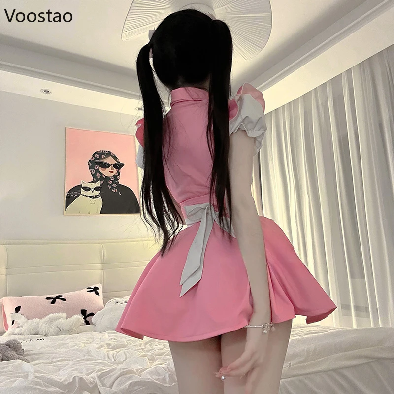 Japanese Sweet Lolita Maid Party Mini Dress Women Cute Apron Bow Anime Cosplay Costumes Girl Sexy Role Play Pink Uniform Sets