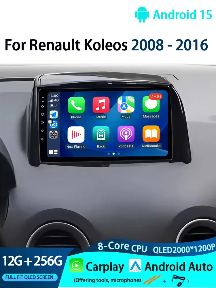 Für Renault Koleos 2008-2016 Drahtlose Carplay Android Auto Multimedia Stereo Auto Radio Video Player Navigation GPS BT KEINE 2din