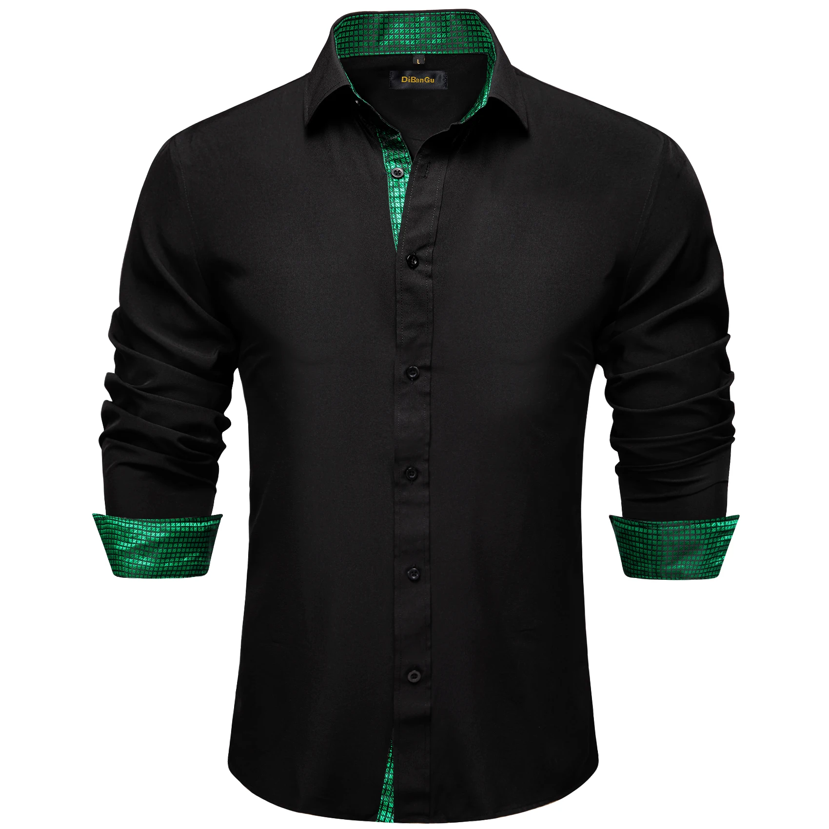 Fashion Men's Inner Contrast Black and Green Plaid Dress Shirt Long Sleeve Tops for Formal Business Prom Clothing