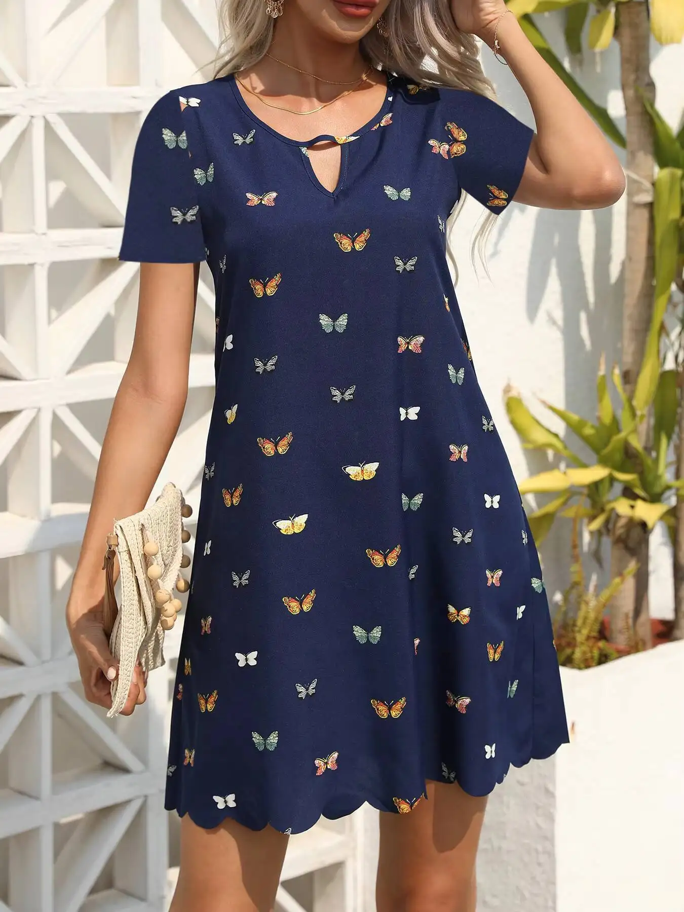 Minikleid für Frühling und Sommer, marineblau, mit Schmetterlingsdruck, kurzärmelig, lässig, schick, niedlich, für den Alltag, Urlaub, Strand, Date