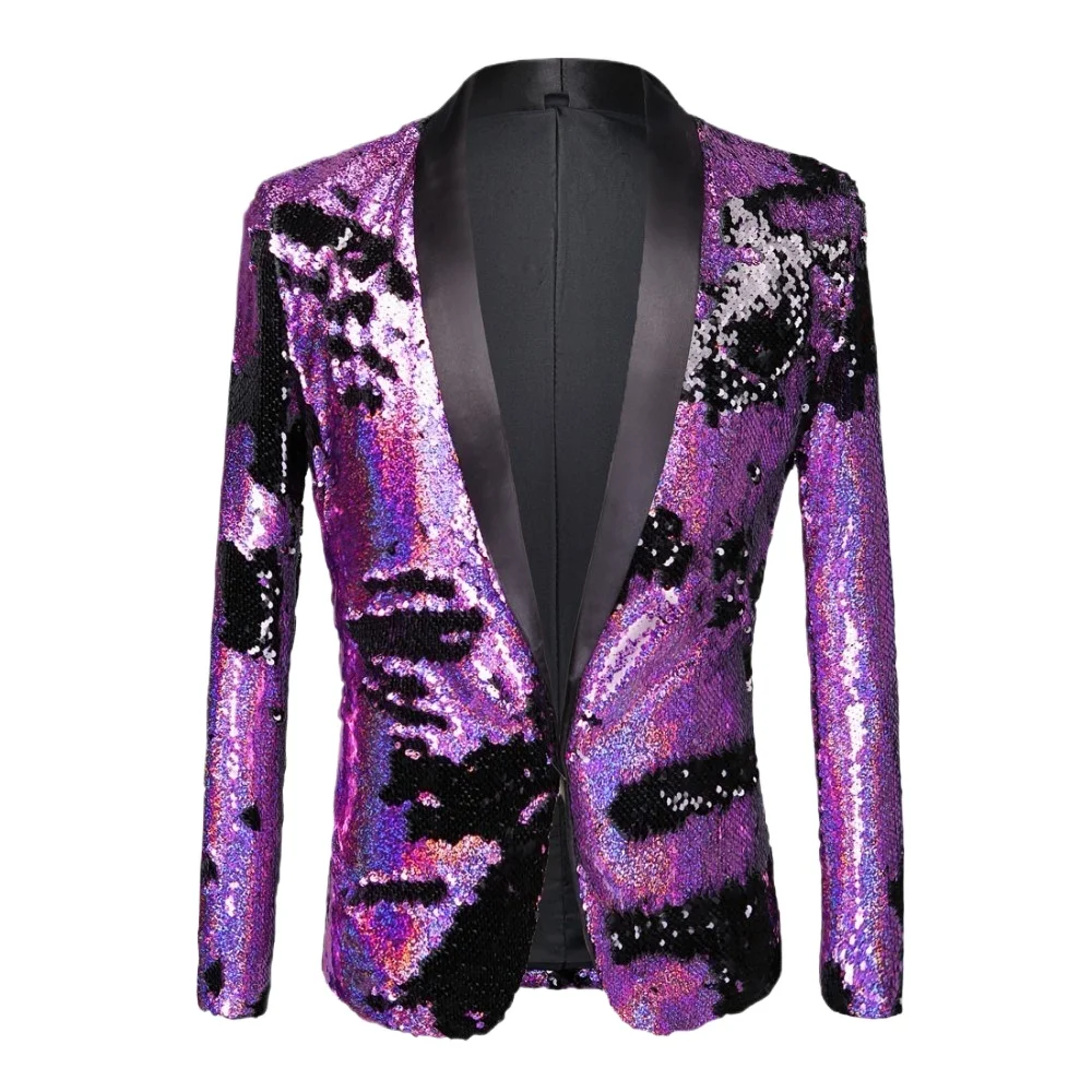 

Luxury Purple Sequined Suit Jacket for Men,DJ Costume Blazer, One Button Sim Fit Tuxedo Host Master Formal Stage Costume