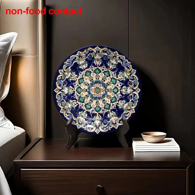 Exquisite blue and gold flower Ceramic Decor Plate/Hanging Wall Art, suitable for home, living room, office, dining room, study