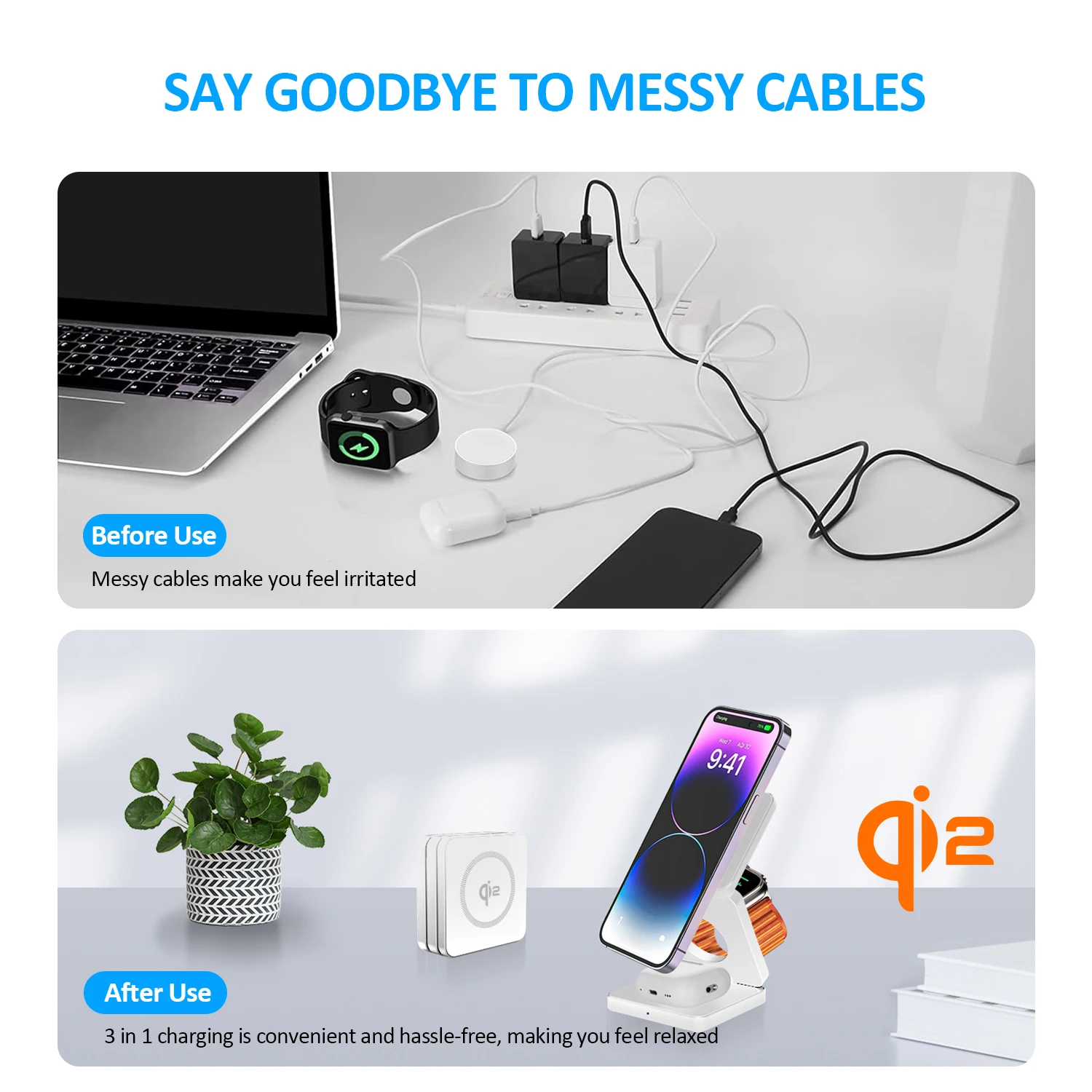 Qi 3 in 1 Wireless Charger Stand, Foldable Magnetic Fast Charging Station, Portable Charger for iPhone Samsung view 5