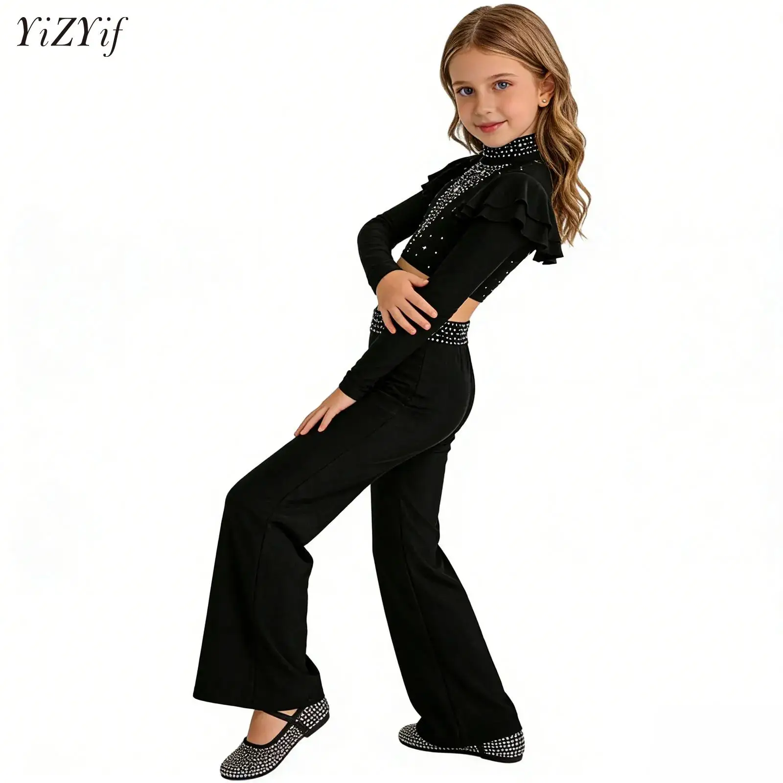

Kids Girls Ballet Dance Dress Ruffle Long Sleeves Crop Top+Flared Pants Set for Latin Salsa Tango Gymnastics Leotard Costumes