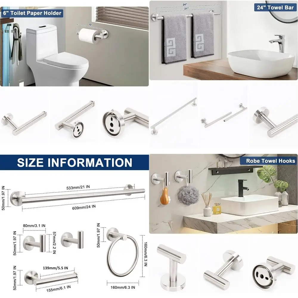 

24 Stainless Steel Towel Bar Set with Ring, Holder, Hooks - Modern Nickel Bath Accessories