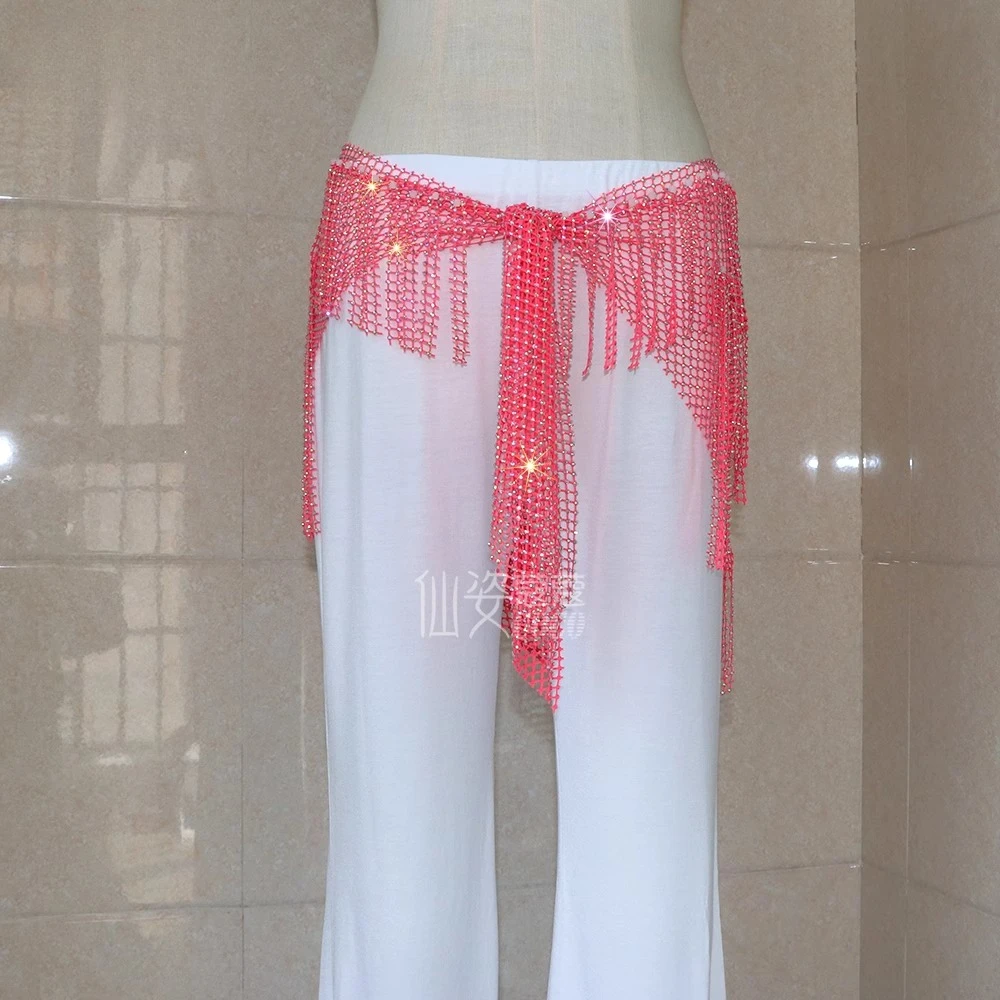 Customized Belly Dance Belt Mesh Diamond Starry Tassel Hip Scarf Bright Diamond Waist Chain Triangle Performance Waist Scarf