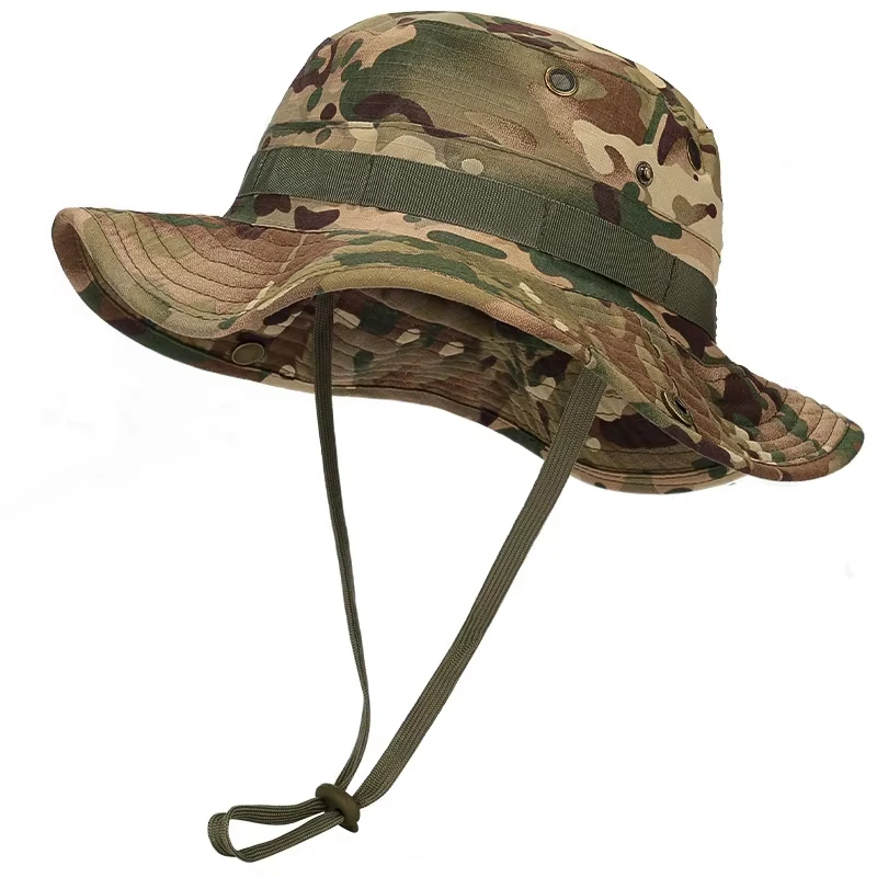 Camo Tactical Bonnie Hat, Wide Brim UV Protection Outdoor Bucket Cap, Windproof Sun Hat for Fishing Hiking Camping Hunting