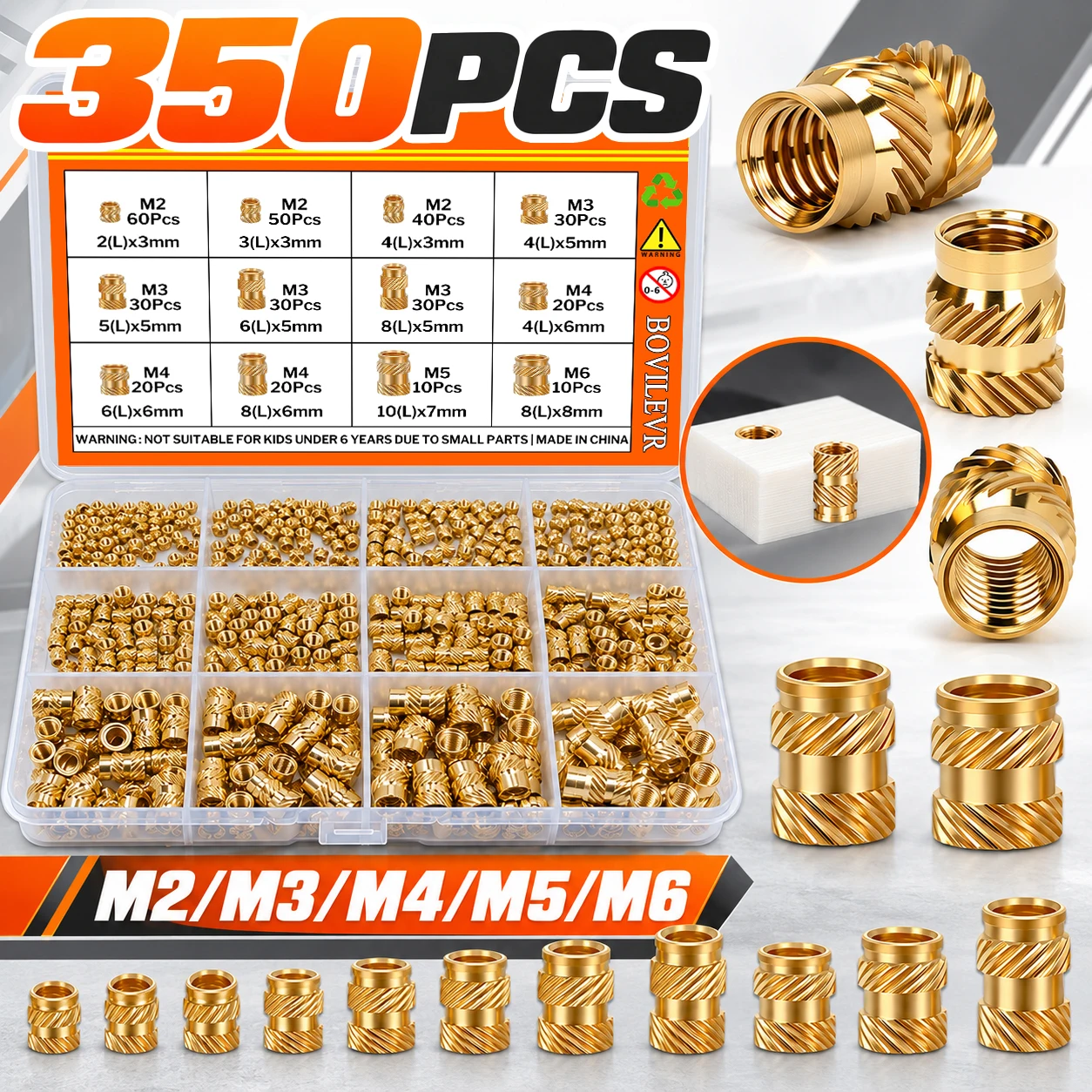 350Pcs M2-M6 Brass Heat Set Threaded Inserts Knurled Hot Melt Nuts for 3D Printing PLA ABS PETG PP PPS Plastic Parts