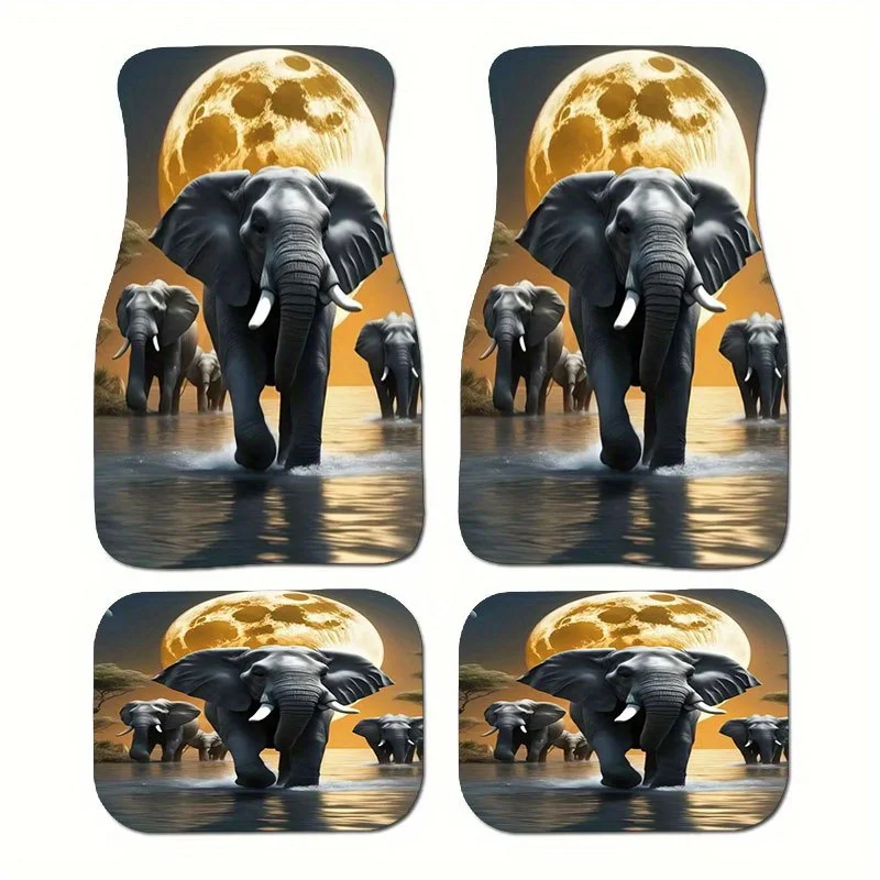 4pcs African Elephant Herd Car Floor Mats Set- Full Coverage Front& Rear Seats With Trunk Space, Easy Clean Durable Design, Deco