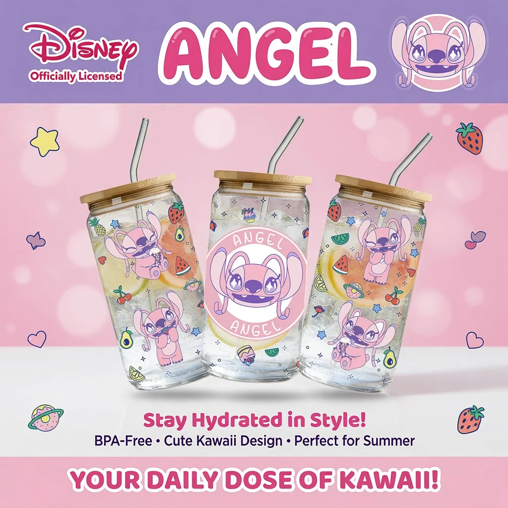 Vaso de vidrio de borosilicato Disney Angel Stitch de 16 oz con tapa de bambú y pajita, linda taza de verano para café helado, leche y jugo (1 unidad)