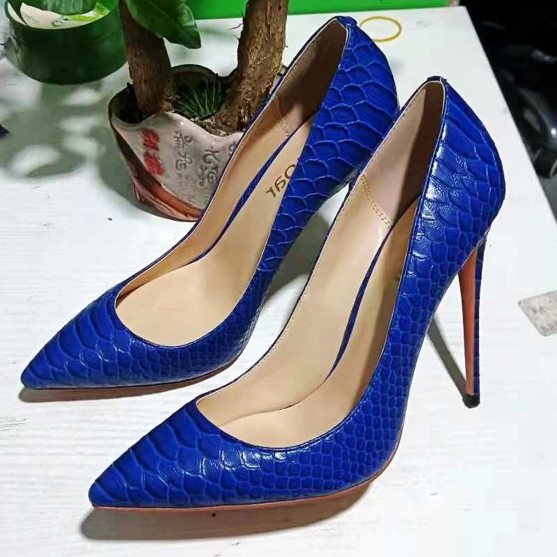 New Sexy Blue High Heels Women Pointed Toe Female Shoes For Ladies Snakeskin Leather Ladies Stiletto Bridal Vintage Pumps D039A