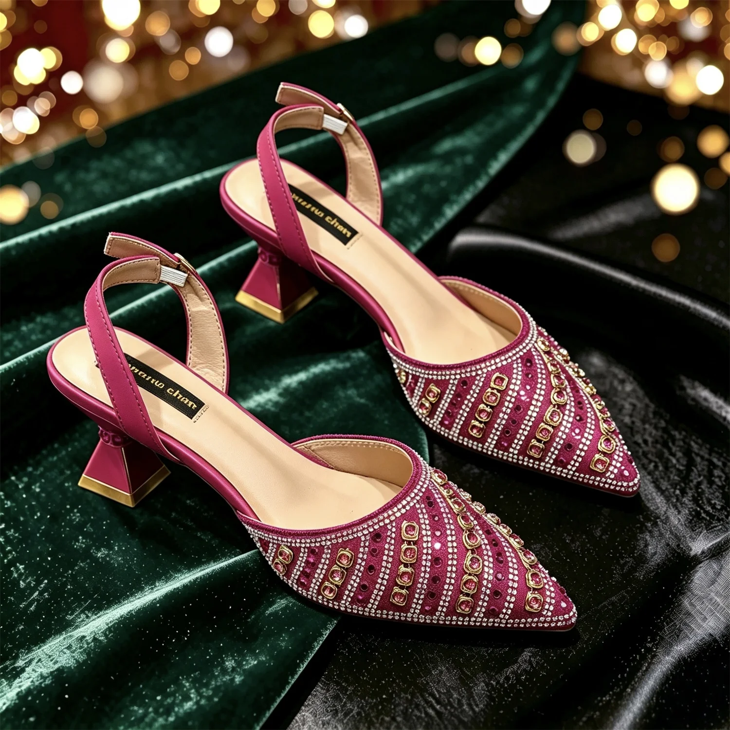 Luxury Fuchsia Gold Crystal Slingback Heels Women Geometric Stable Block Heel Satin Pointed Toe Wedding Party Sandals