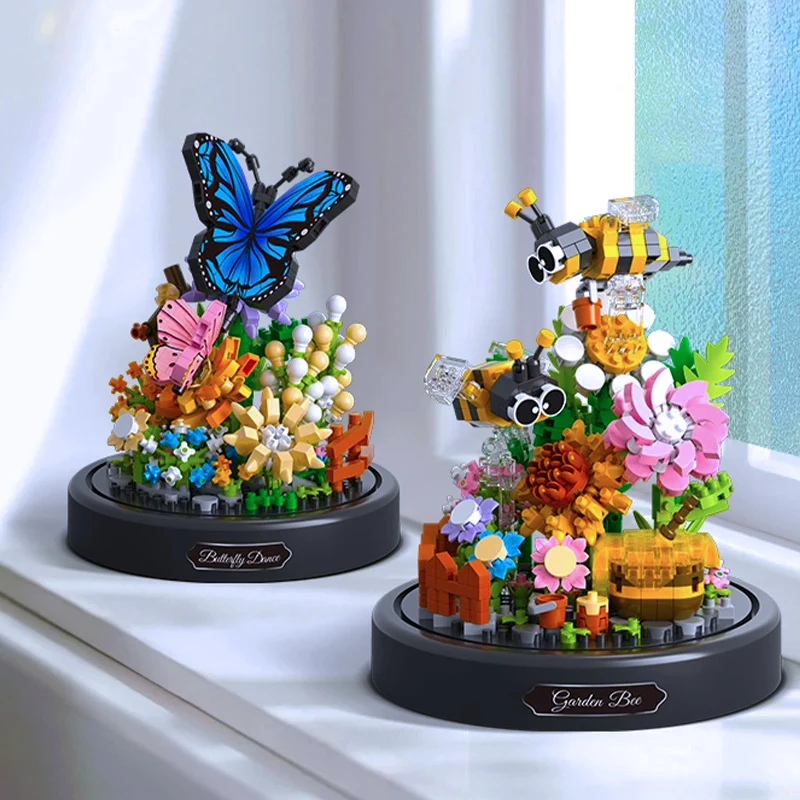 

Bee Butterfly Flower Bonsai Building Blocks Insect Plant Potted Model Bricks With Dust Cover Children's DIY Toy Holiday Gifts