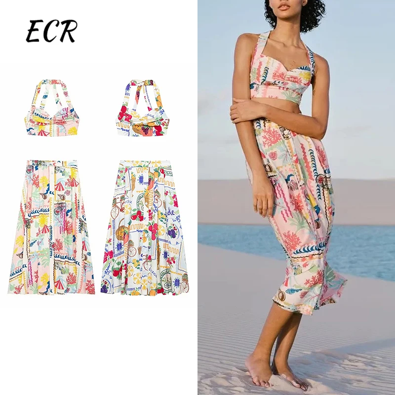 

ECR Prinitng Two Piece Sets For Women Square Collar Sleeveless Tops High Waist A Line Long Skirts Casual Slim Set Female Style