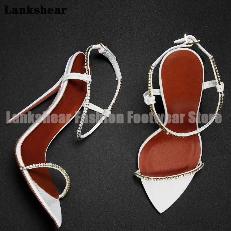 

Rhinestone Trim High Heels Sandals Thin Heels Crystal Ankle Strap ﻿women Shoes Summer Pointy Toe Sandalias De Mujer Verano