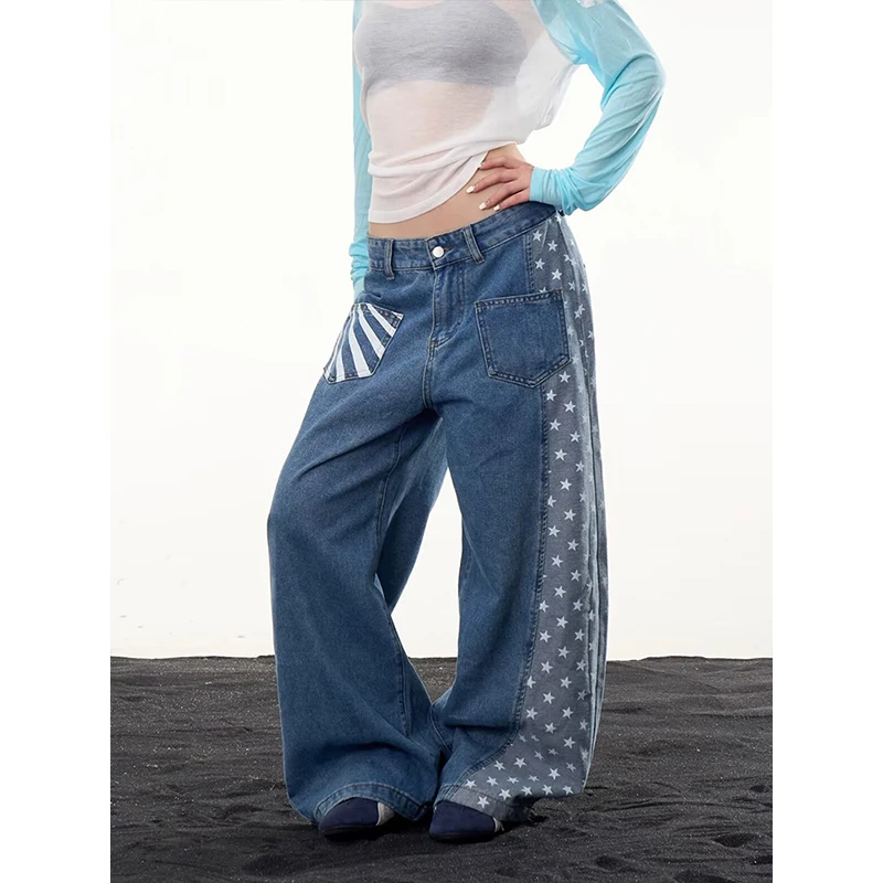 Y2K American Retro Women Star Pattern Wide Leg Jeans High Waist Loose Bottoms High Street Vintage Washed Denim Long Trousers