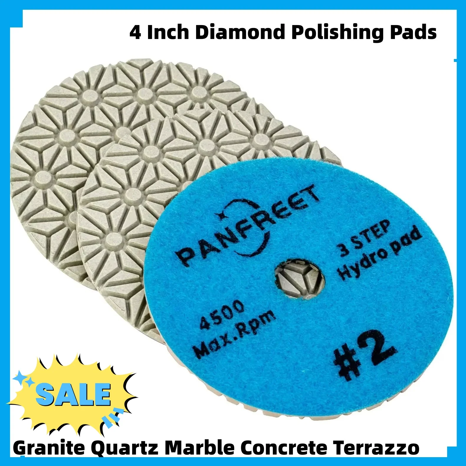 Panfreet 4 Inch 100mm Wet Dry 3 Step Diamond Polishing Pads Step 2 for Granite Quartz Marble Concrete Terrazzo