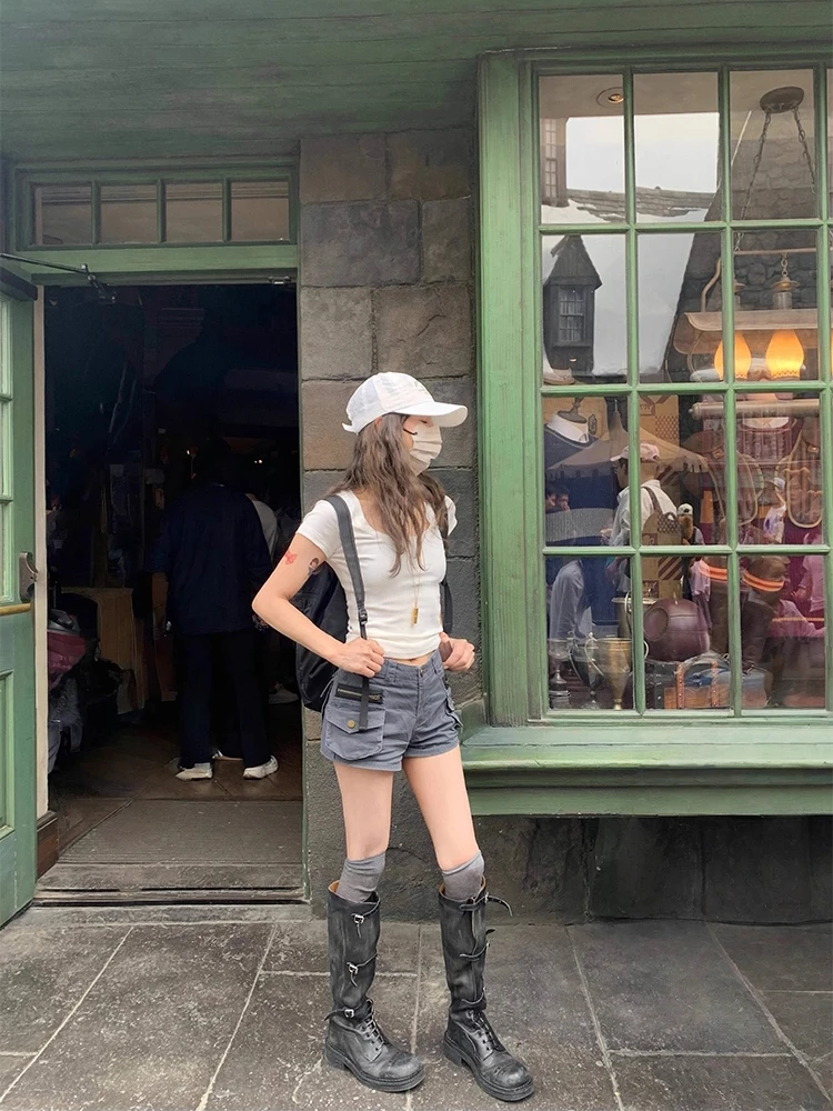 레다치 아큐비 패션 로우 웨이스트 데님 반바지 신상 트렌디 그레이 캐주얼 카고 포켓 타이트 부티 팬츠 핫 썸머 여성 워크웨어