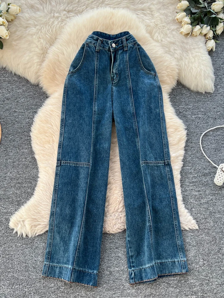 الرجعية هونغ كونغ Sle عالية الخصر واسعة الساق الجينز المرأة فضفاضة التخسيس الدنيم مستقيم الساق السراويل الخريف الشتاء تصميم Faion