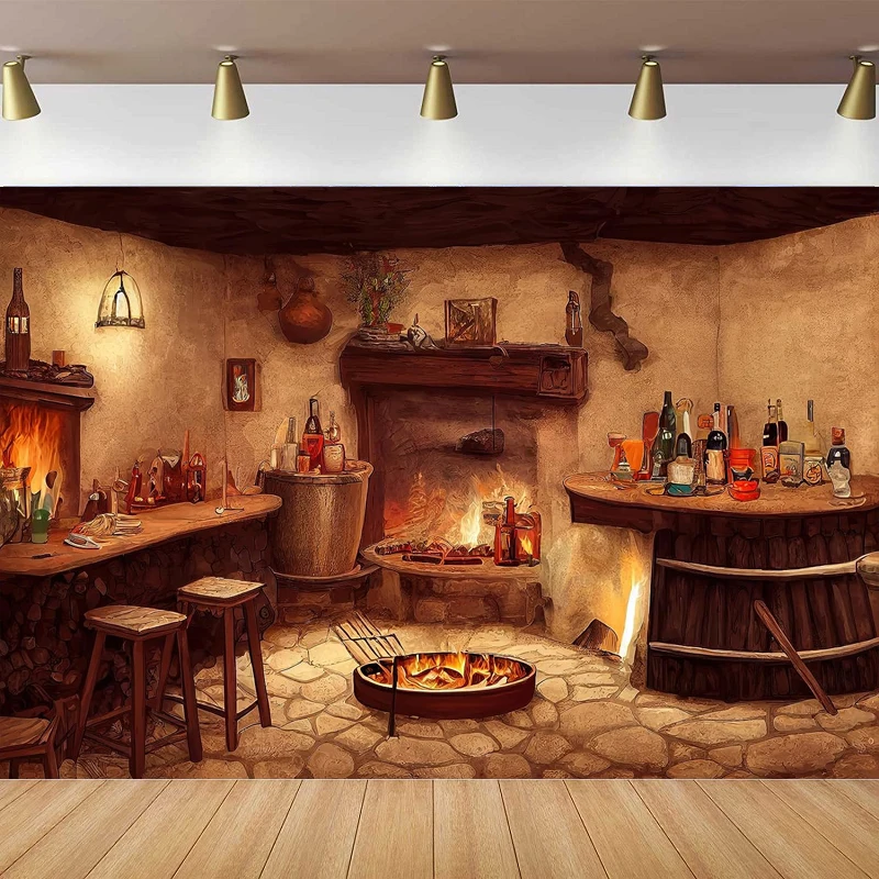 Medieval Tavern Inn Bar Photography Backdrop Interior Fireplace Cooking Pot Ancient Kitchen Background For Halloween Party Decor