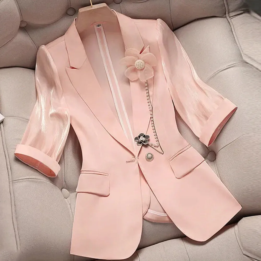 New Summer Thin Women\'s Blazer Korean Style Fashion Three Quarter Sleeves Jacket Ladies Profession Elegant Female Suit Coat Tops