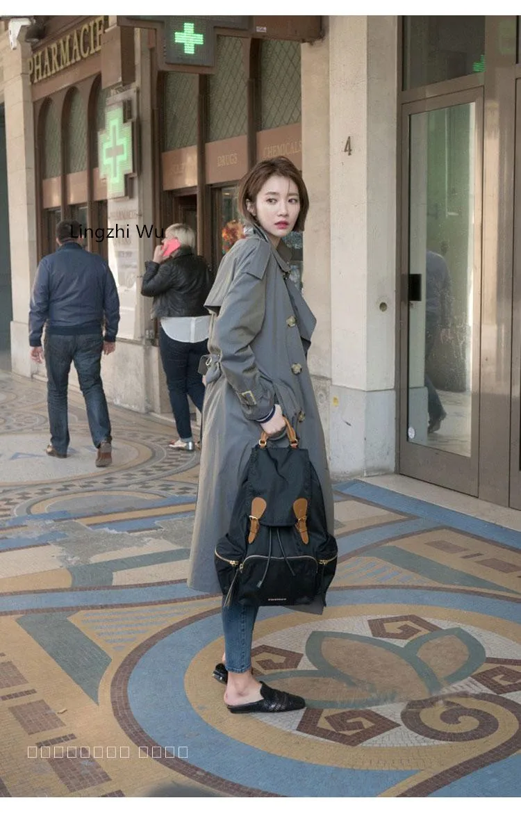 

Lingzhi Wu Trench Coat Top Quality Autumn Winter Female Star Brand Long Outerwear Double Breasted New Arrival