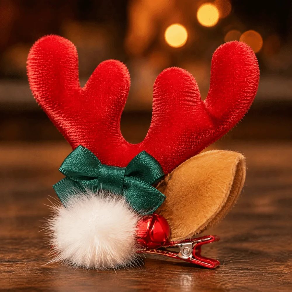 2pcs/set Gift Red Reindeer Antler Hair Clips with Bow Pom-pom Christmas Hair Accessory Cute Elk Horn Hair Clips Photo Props