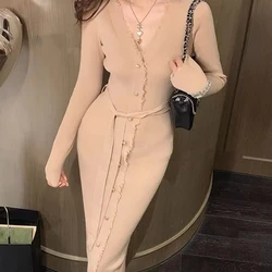 V-neck Women Mid-length Slim Skirt Long-sleeved Hip-covering Long Skirt Knitted Dress