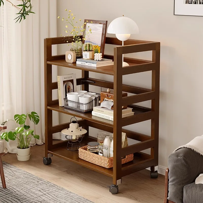 

Walnut color, all solid wood shelves, floor-to-ceiling living room, sofa side, multi-layer trolley, bedroom removable storage ra