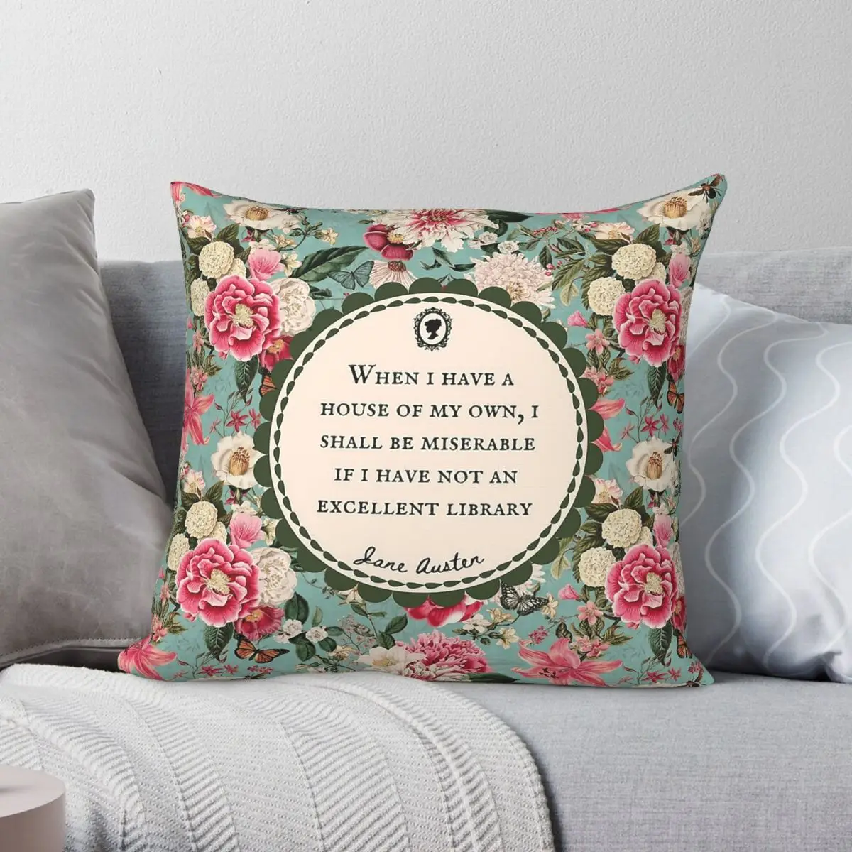 Jane Austen Book Lover Flowers Square Pillowcase Polyester Linen Velvet Printed Zip Decorative Room Cushion Cover 45x45
