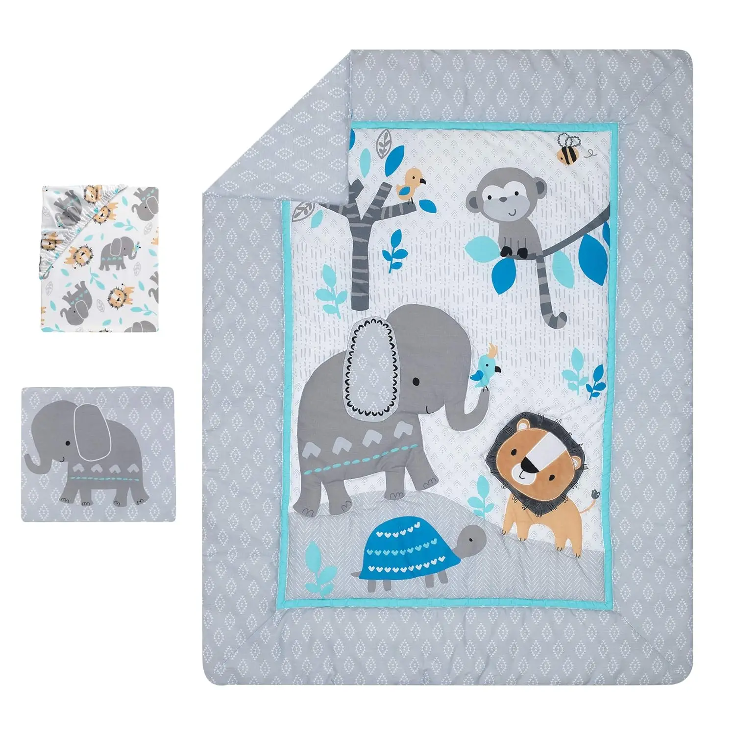 3-Piece Blue/Gray Jungle Crib Bedding Set with Elephant, Lion & Monkey Designs