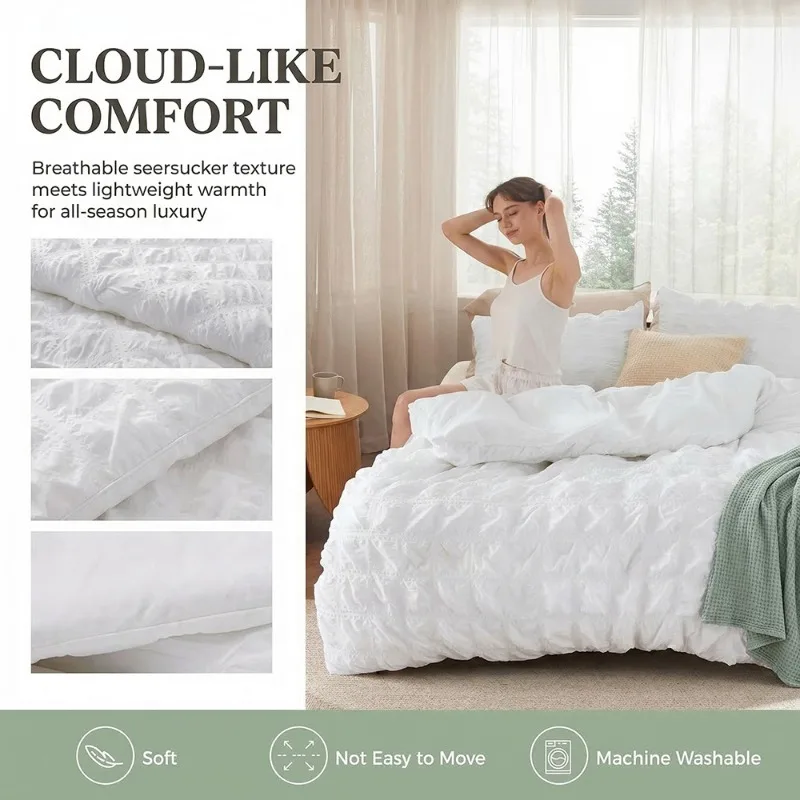 Solid Color Checked‑Texture Seersucker Winter Comforter Fluffy Loft‑filled Duvet Insert Soft Warm Quilt for Bedroom Home Bedding
