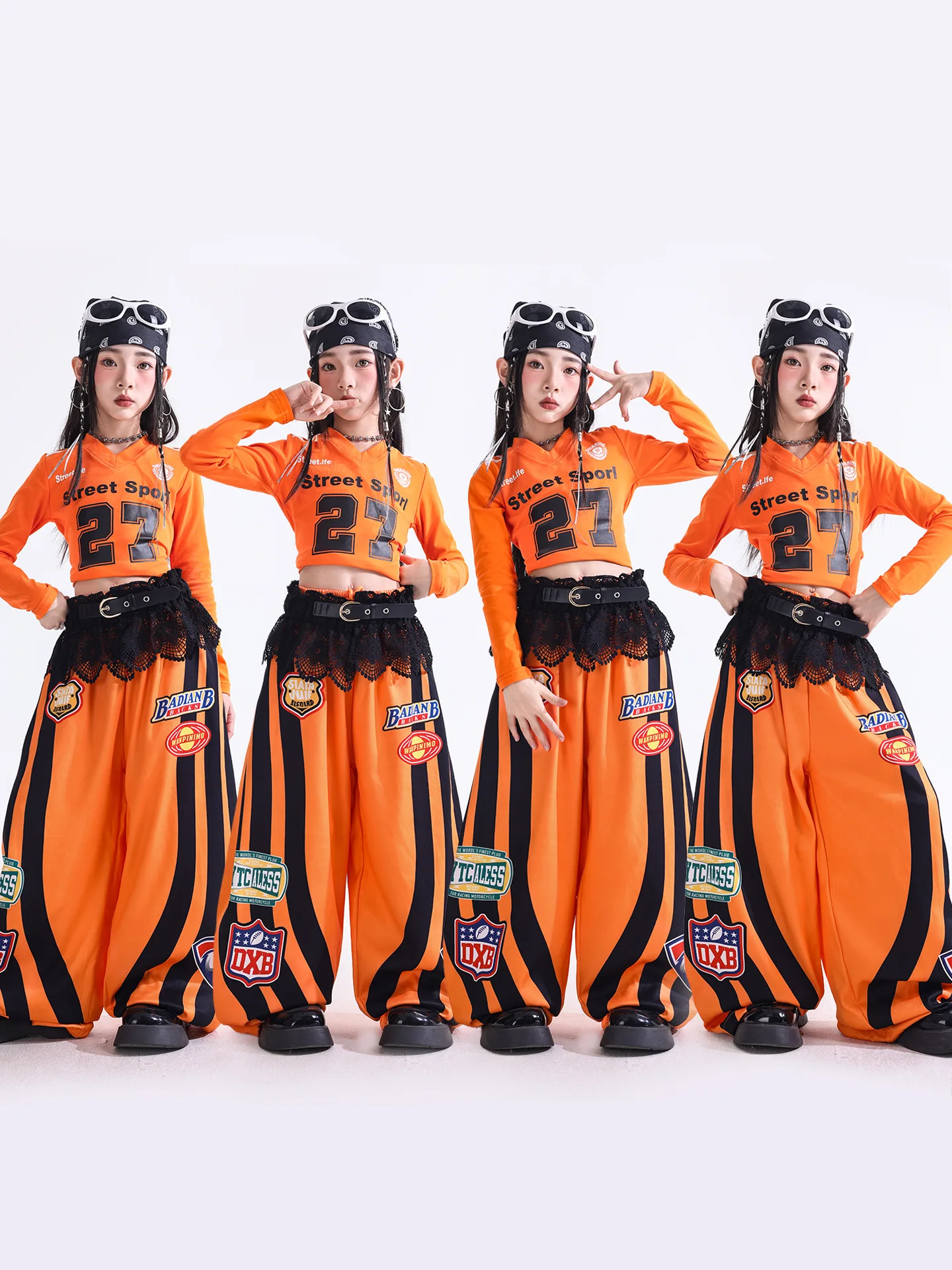 Girls Hip Hop Dance Outfit Orange Long Sleeve Crop Top Letter Print Striped Wide Leg Pants Kids Street Jazz Performance Costume