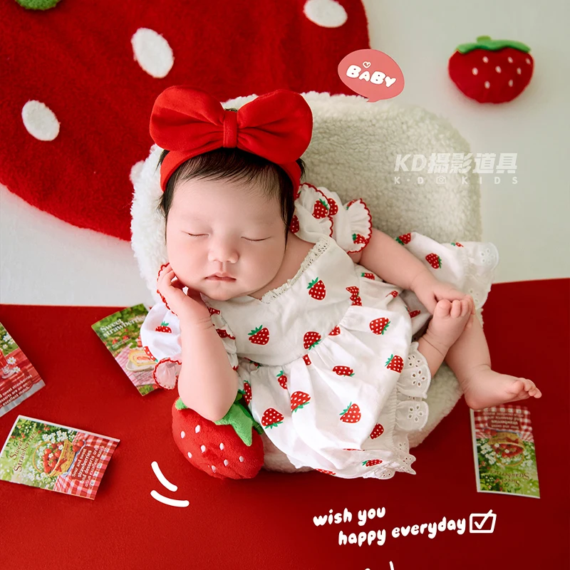 

Реквизит для фотосъемки новорожденных: детское платье в клубничный горошек с бантом и аксессуаром для волос, летние костюмы для фотосессии для детей 0-1 месяца