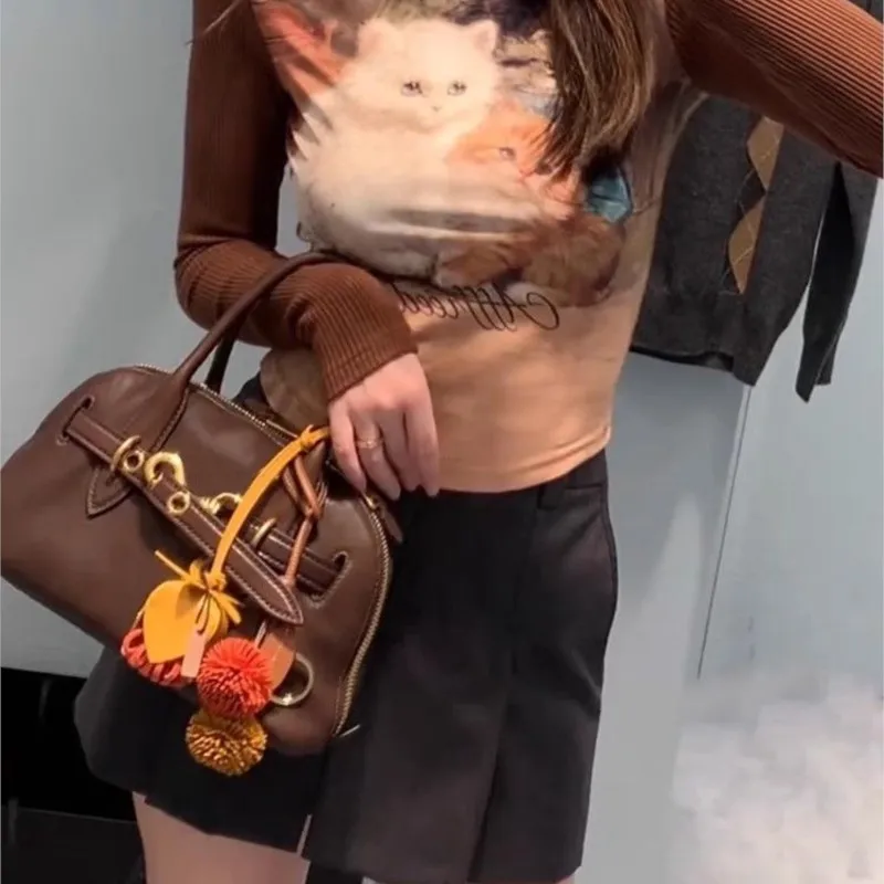 

Retro Coffee Brown Handbag Women Leather Belt Large Capacity Shell Shoulder Bag Ladies High End Commute Luxury Crossbody Bag New