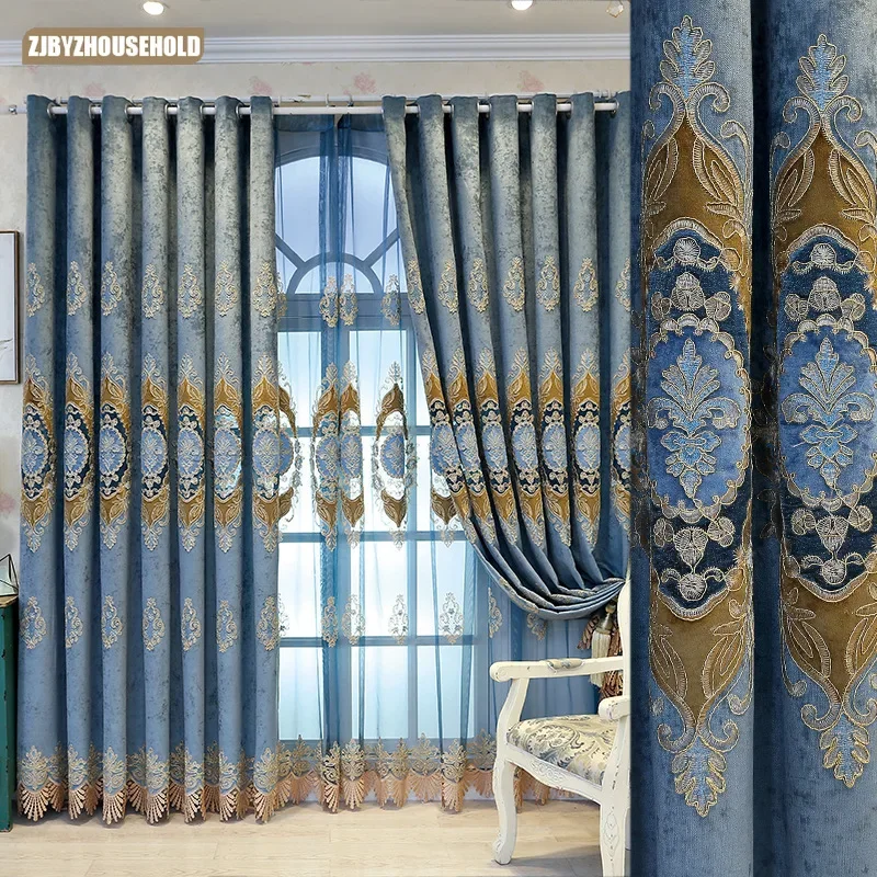 

New European Curtains for Living Dining Room Bedroom Two-color Chenille Atmospheric Hollowing Embroidery