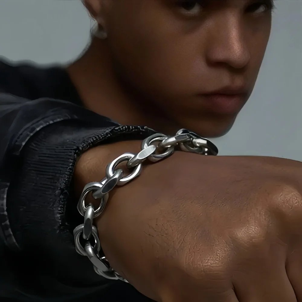 Einfaches Silberfarbenes Edelstahl-Rohkettenarmband für Männer, Hip-Hop-Punk-Straßenschmuck, Geschenk-Accessoires für Frauen – Detail 2