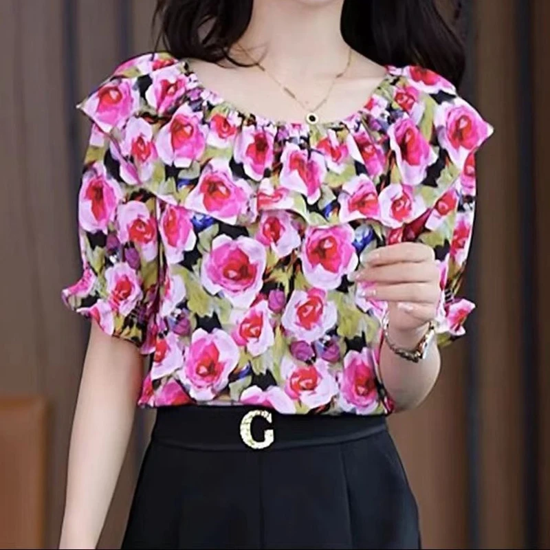 Temperament Chiffon Loose Blouse Summer New Off Shoulder Print Short Sleeve Pleated Shirt Tops Fashion Elegant Women Clothing