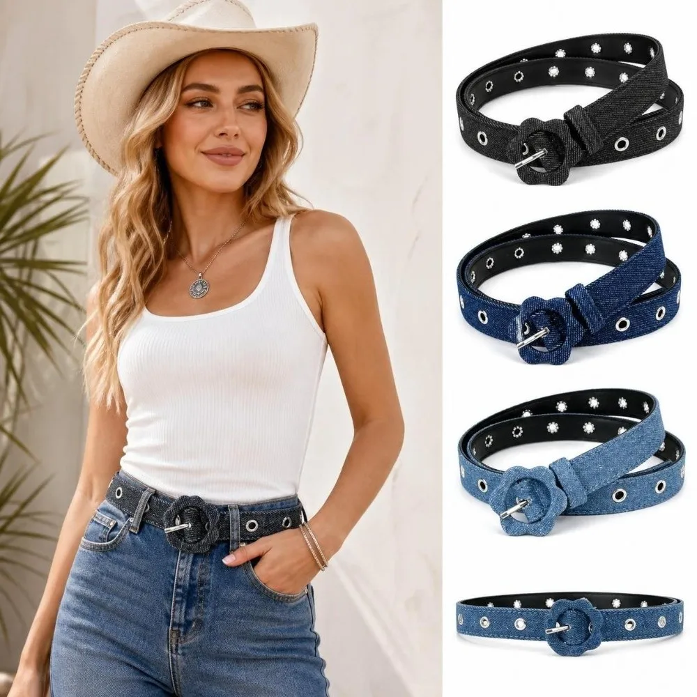 Casual PU Denim Waist Belt Slim Fit Adjustable Flower Buckle Belt Korean Style Casual Waist Belt Daily Outfit