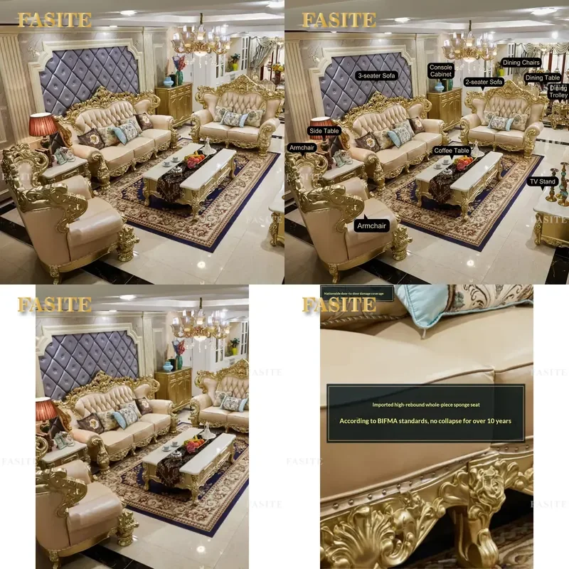 For Villa Luxury Royal European Living Room Furniture Set Hand Carved Gold Foil Solid Wood Leather Sofa Elegant Home Decor