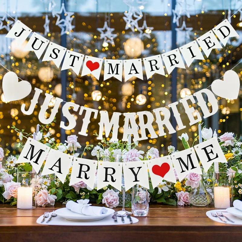 Biała papierowa girlanda Just Married Vintage Marry Me Letter Bunting Banner Wedding Party Photo Props Bridal Shower Chair Table Deco