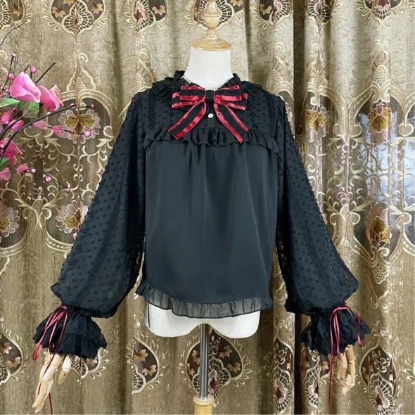 2025 New Lolita Double Long Sleeve Cute Bow Chiffon Shirt Girl Spring Summer Chinese Flare Sleeve Lace-up Sweet Versatile Blouse