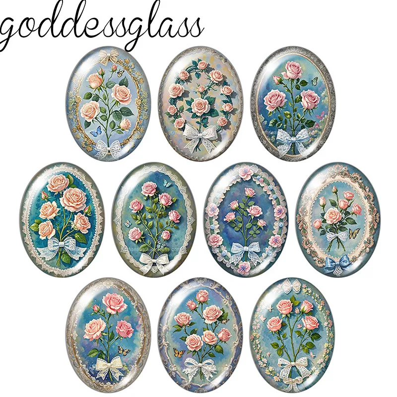 

Овальные стеклянные кабошоны с рисунком «Красивые цветы и розы» в элегантном ретро-стиле, 10 шт., 13x18мм/18x25мм/30x40мм, с плоским основанием, для изготовления украшений