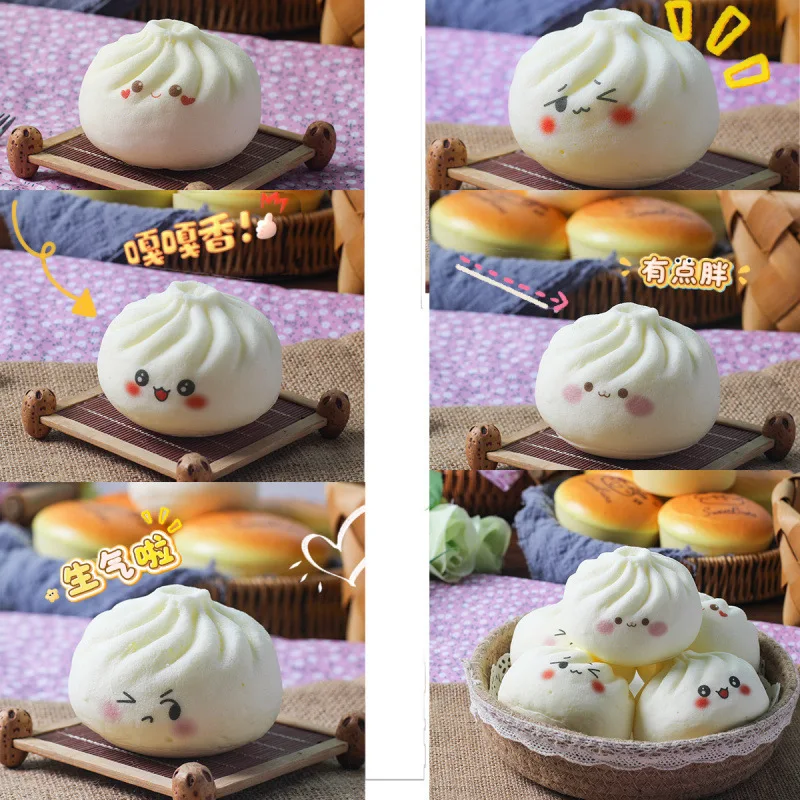 Cute Face Steamed Bun Squishy Toy PU Slow Rising Simulation Food Squeeze Toy Stress Relief Fidget Toy Fake Food Home Decor Gift