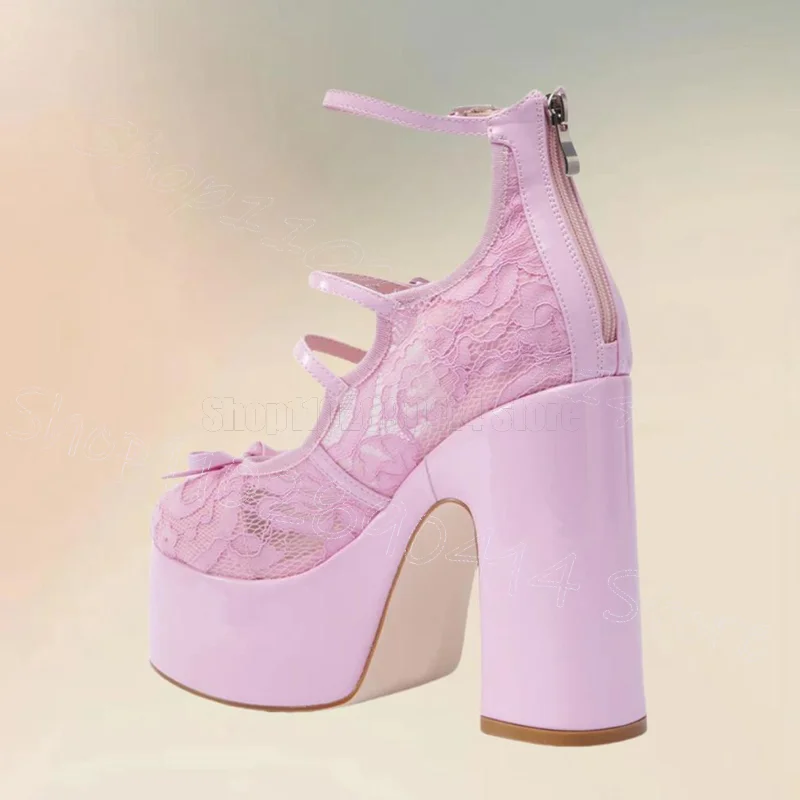 

Pink Lace Bow Knot Buckle Platform Pumps Buckle Strap Women Shoes Chunky High Heels Round Toe Banquet 2025 Zapatos Para Mujere
